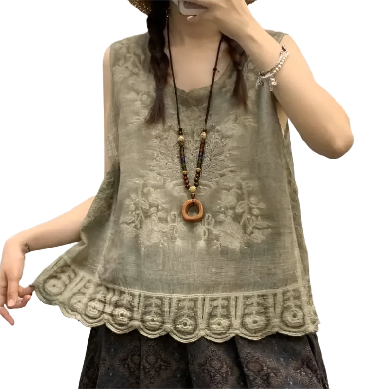 Vintage Lace Embroidery Solid Cotton Tank Top Vest - Palm and Thread