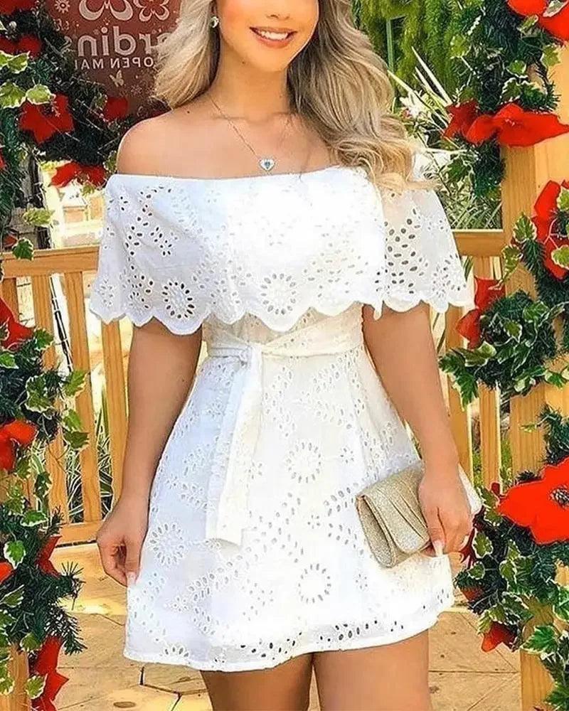 Hollow Out White Off Shoulder Lace Up Mini Dress - Palm and Thread