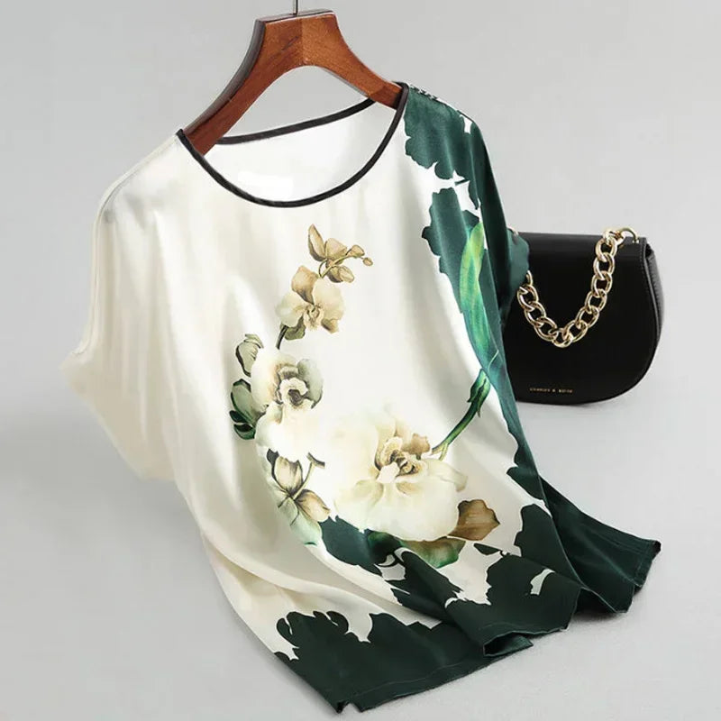 Silk Satin Floral Print O Neck Short Sleeve Casual Office Top - Palm and Thread