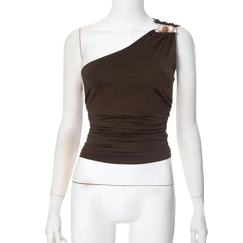 One-Shoulder Bead Link Ruched Tank Top - Palm and Thread
