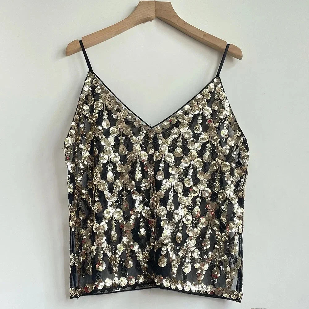 Sequin Bead Sling Slim Fit Straight Tank Top - Palm and Thread