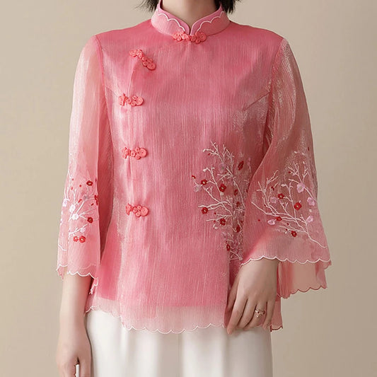 Modified Cheongsam Stand Collar Bat Sleeve Blouse - Palm and Thread