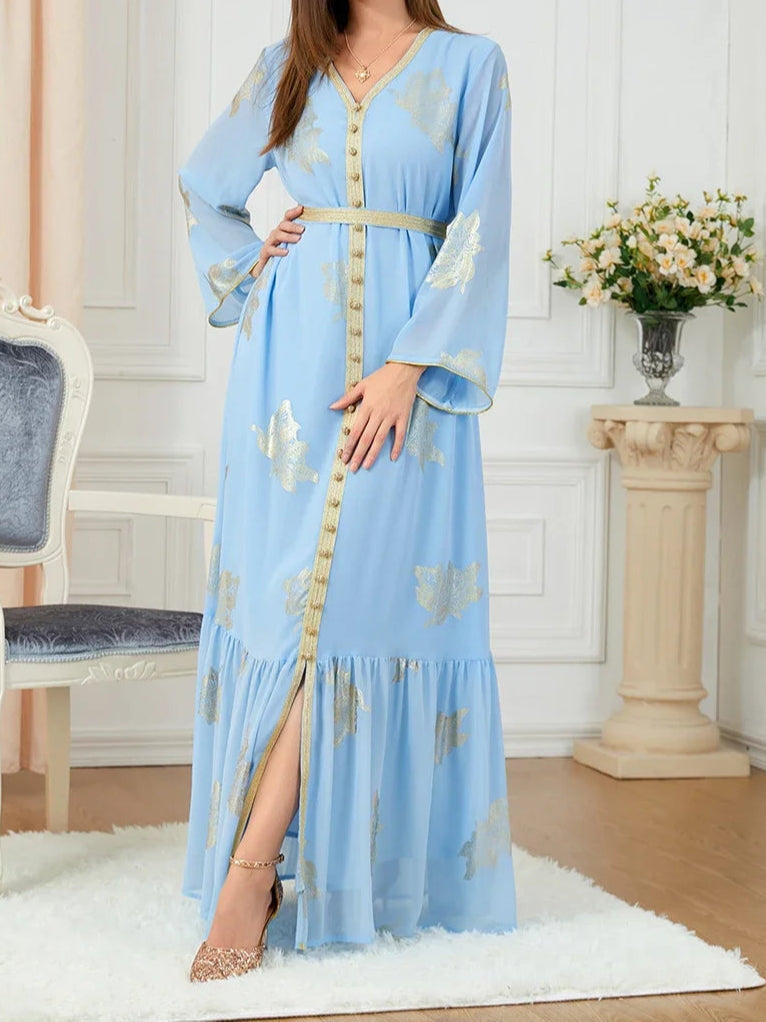 Iron Long Sleeve V-Neck Button Dress Abaya - Palm and Thread