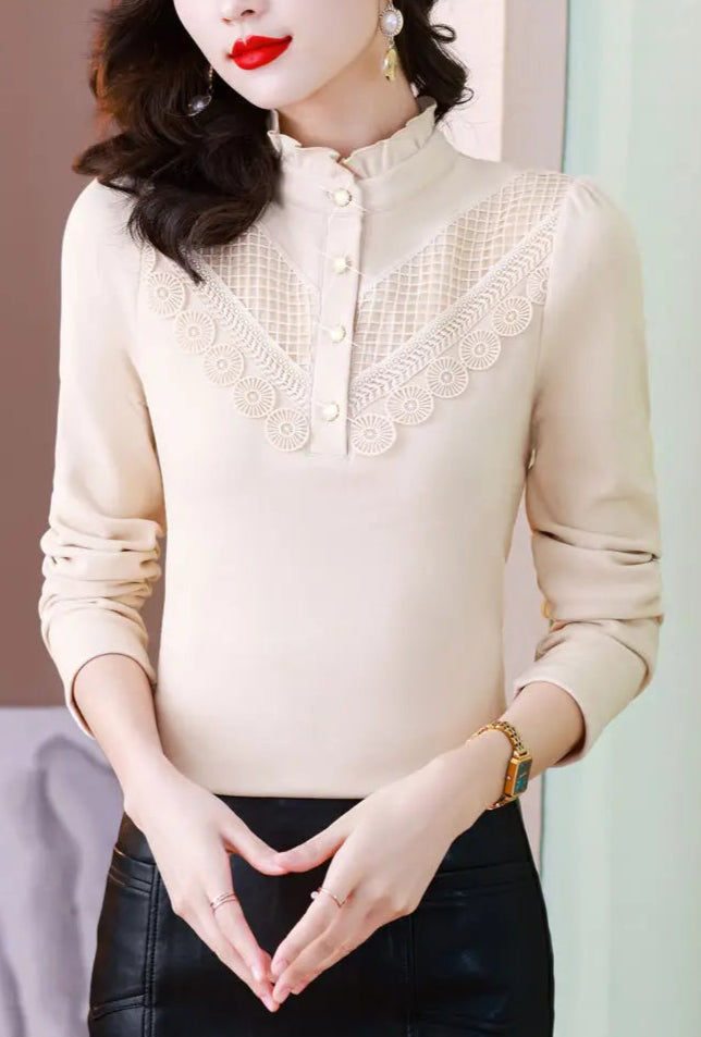 Elegant Ruffle Lace Slim Warm Long Sleeve Basic T-shirt - Palm and Thread