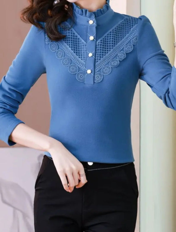 Elegant Ruffle Lace Slim Warm Long Sleeve Basic T-shirt - Palm and Thread