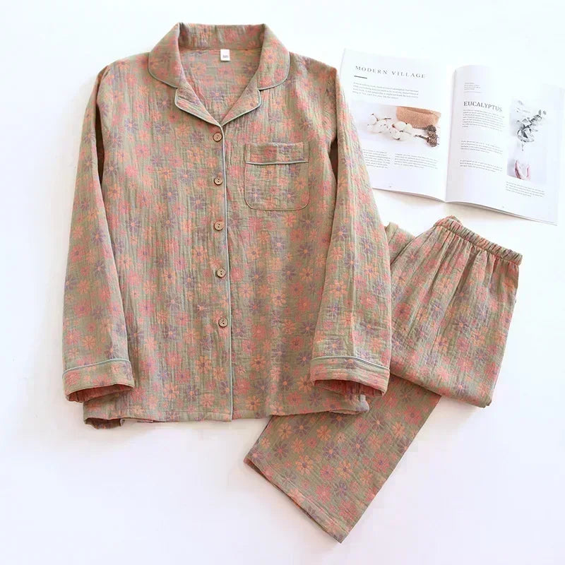 Long-sleeved trousers two-piece cotton crepe flower leaves Pajama set - Palm and Thread