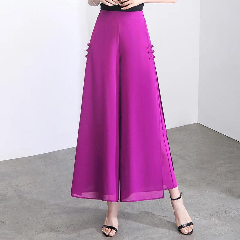 Side Slit Chiffon Thin Elastic Waist Wide Leg Pants Chic Droop - Palm and Thread