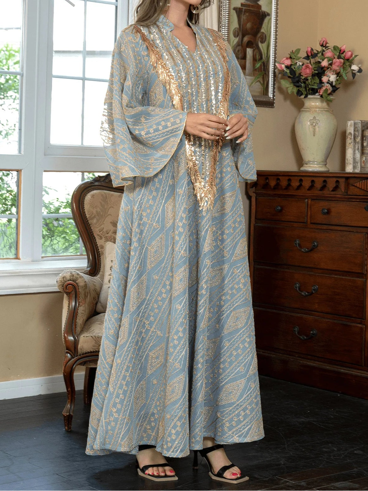 Embroidered Sequined Robe Abaya - Palm and Thread