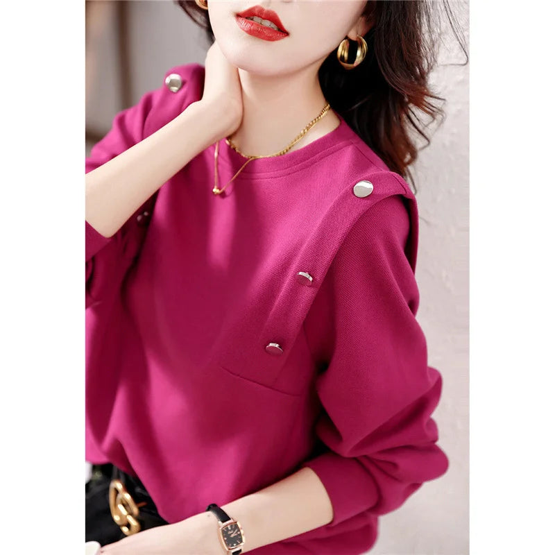 Fashion O Neck Long Sleeve Buttons Chic Sweet Pullover Top - Palm and Thread