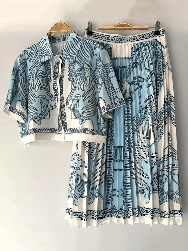 retro geometric print lapel shirt +SKIRT two-piece set - Palm and Thread