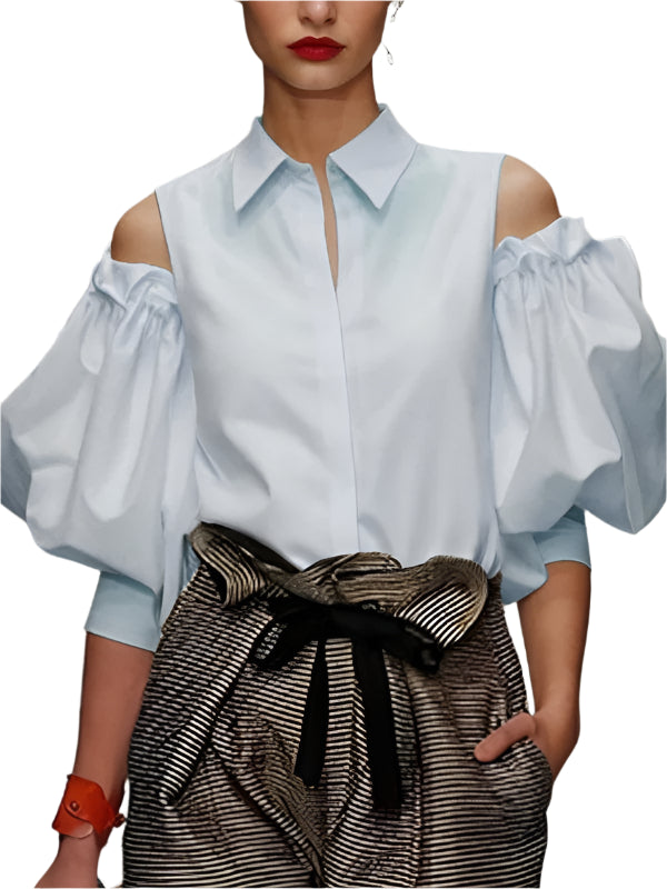 Lapel Collar Puff Sleeve Cold Shoulder Blouse - Palm and Thread