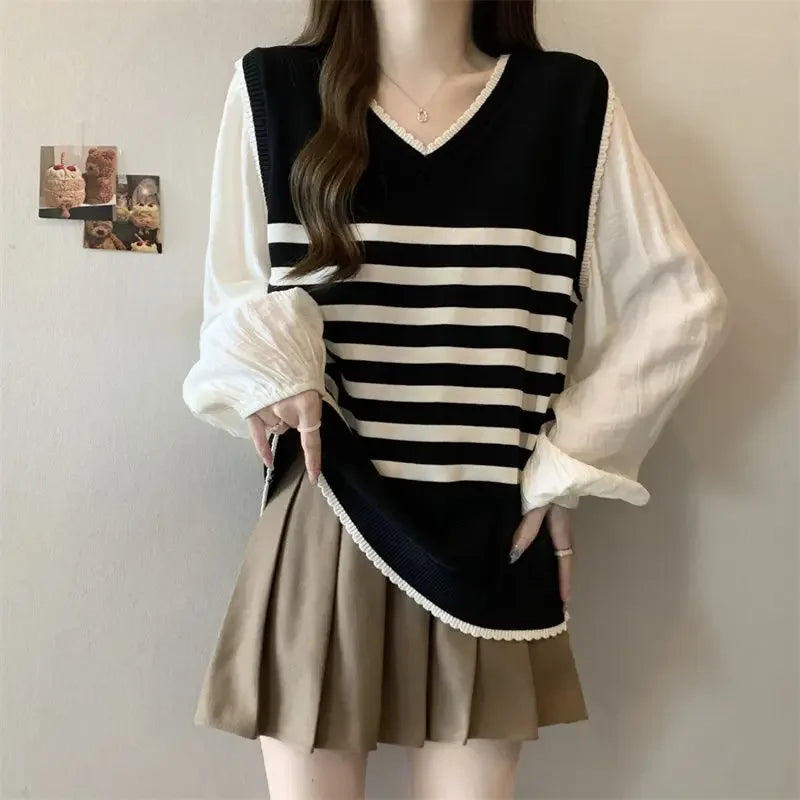 V-neck Fake Two-piece Striped Sweater - Palm and Thread
