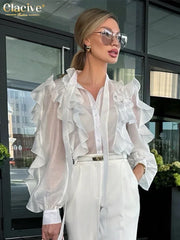 White Fashion Ruffle Collar Long Sleeve Shirt - Palm and Thread