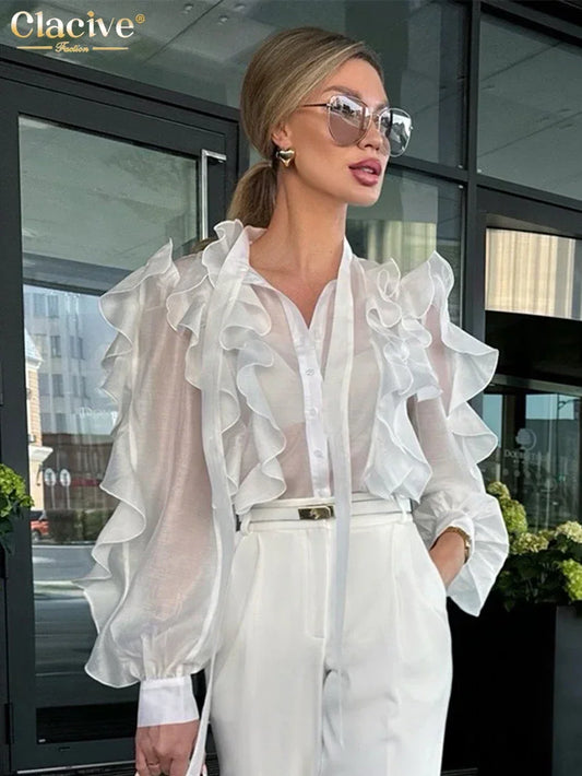 White Fashion Ruffle Collar Long Sleeve Shirt - Palm and Thread