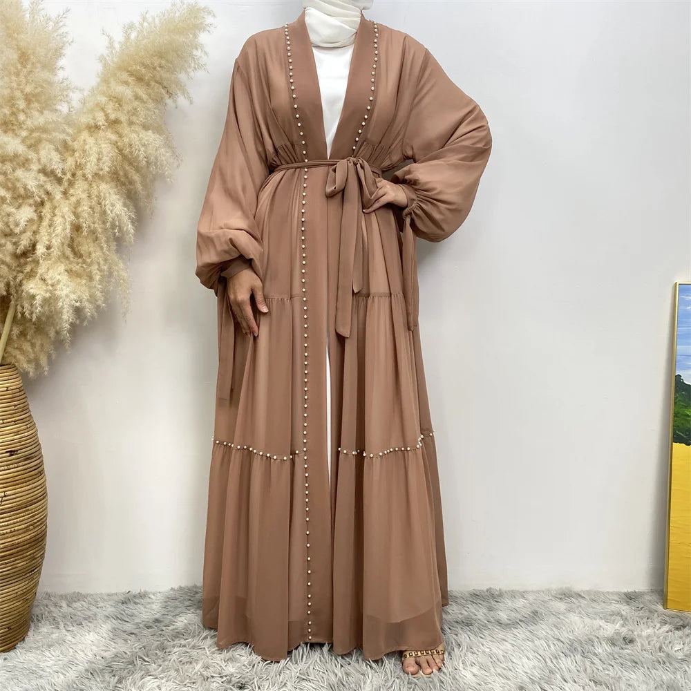 Beaded lace-up chiffon Cardigan Abaya - Palm and Thread