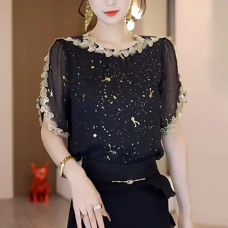Elegant Thin Casual All-match Black Sheer Blouse - Palm and Thread
