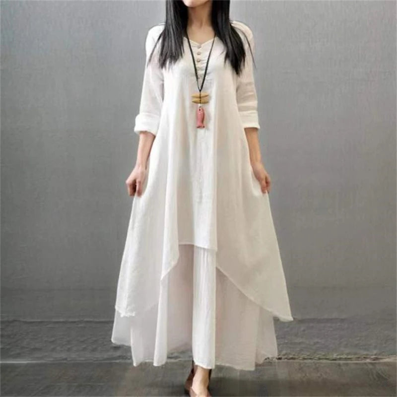 Vintage Ethnic Style Irregular Cotton Linen Dress - Palm and Thread