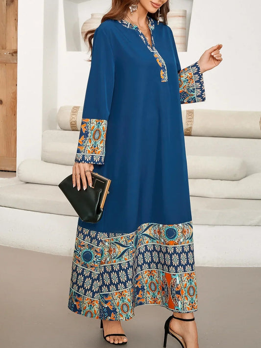 Blue Long Sleeve Print Dress Abaya - Palm and Thread