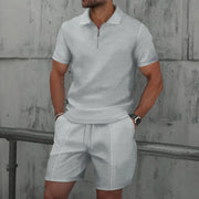 Waffle zip-up lapel short-sleeve suit shorts set - Palm and Thread