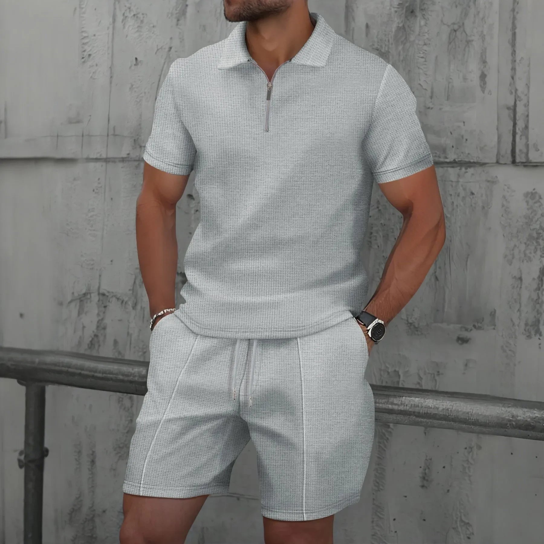 Waffle zip-up lapel short-sleeve suit shorts set - Palm and Thread