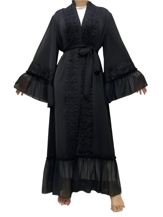 Black Abaya Embroidery Flare Sleeve with Belt - Palm and Thread