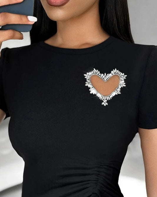 Rhinestone Hollow Heart Drawstring O-Neck Short Sleeve T-Shirt Top - Palm and Thread