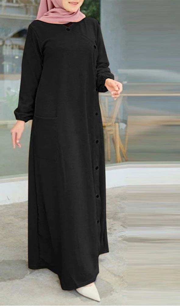 Loose Textured O Neck Buttons Abaya Dress - Palm and Thread