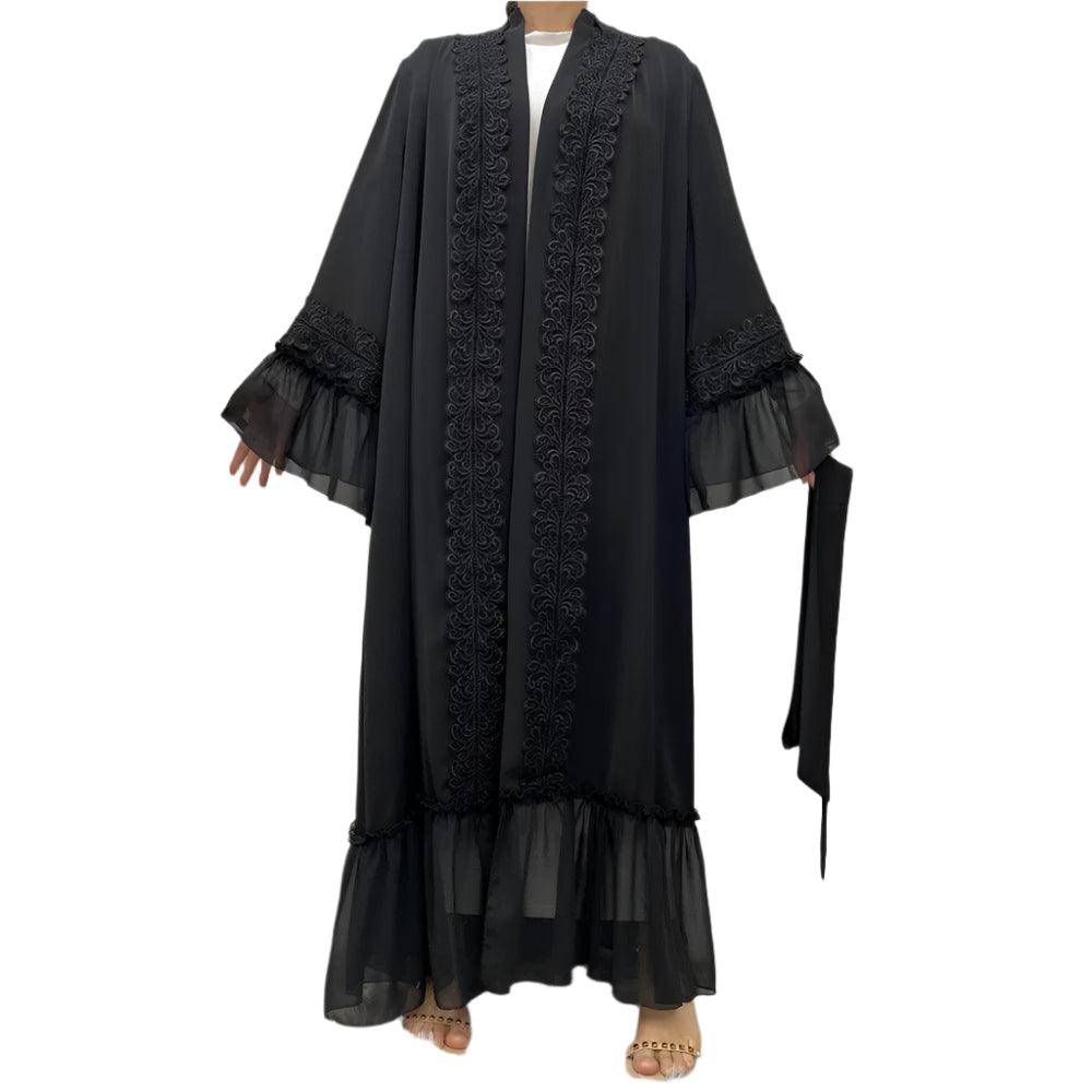 Black Abaya Embroidery Flare Sleeve with Belt - Palm and Thread