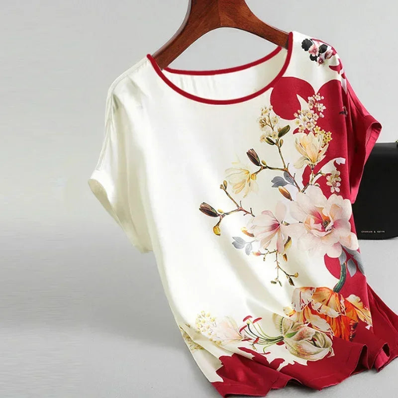 Silk Satin Floral Print O Neck Short Sleeve Casual Office Top - Palm and Thread