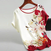 Silk Satin Floral Print O Neck Short Sleeve Casual Office Top - Palm and Thread