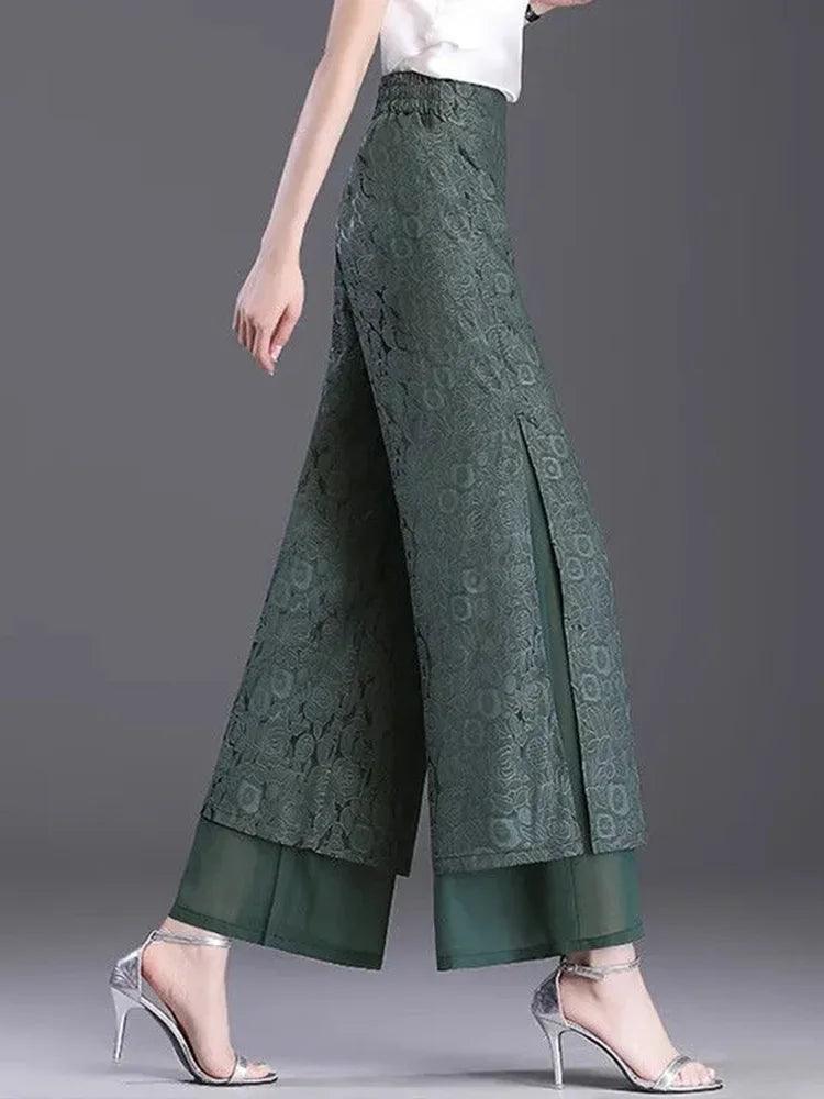 Split Jacquard Weave Wide Leg High Waist Baggy Straight Pant - Palm and Thread