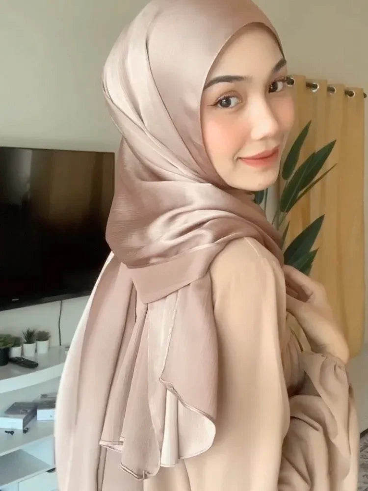 Pleated Satin Chiffon Hijab Silk Scarf - Palm and Thread