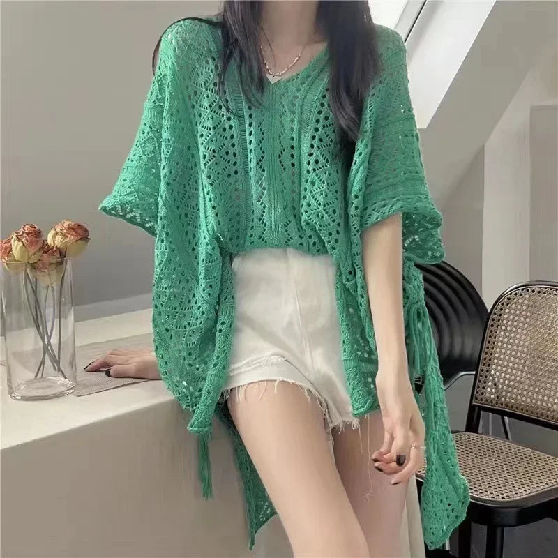Pure Desire Hollow Lace-up V-neck Knitted Top - Palm and Thread