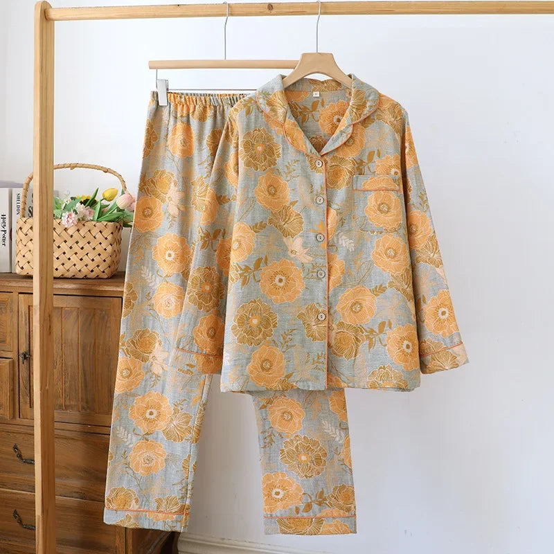 Long-sleeved trousers two-piece cotton crepe flower leaves Pajama set - Palm and Thread