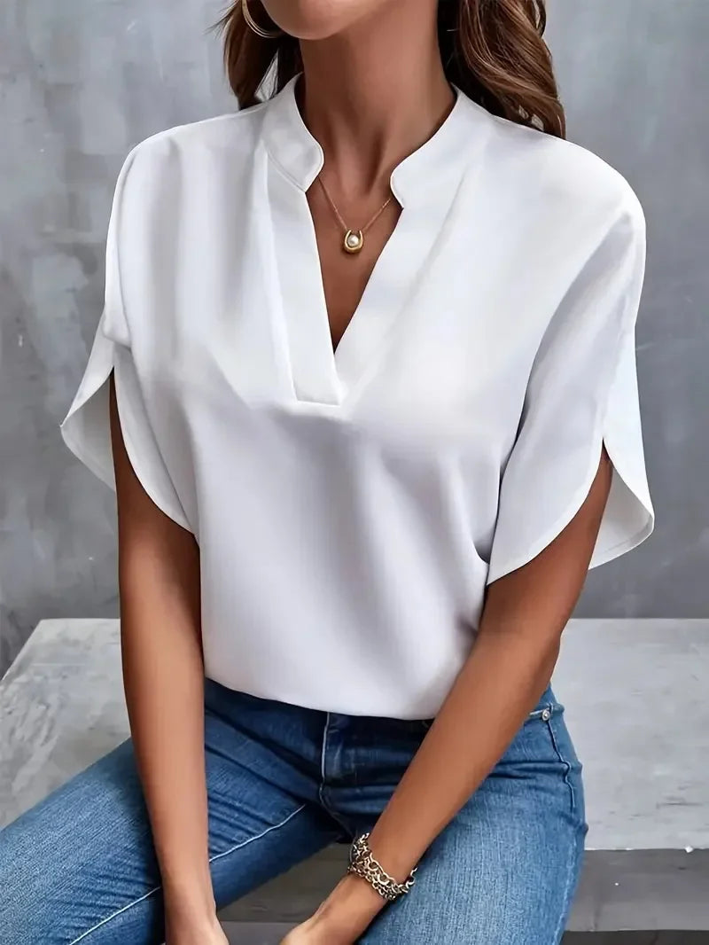 Elegant Blouse New V-neck Short Sleeve Solid Color Loose Shirt - Palm and Thread