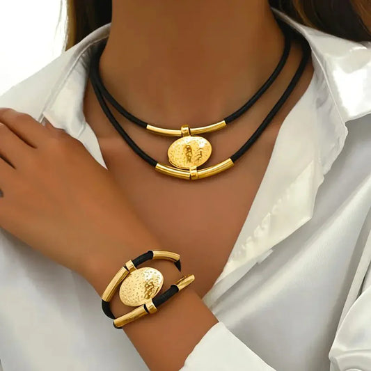 Vintage Oval Faux Leather Necklace Bracelet set - Palm and Thread
