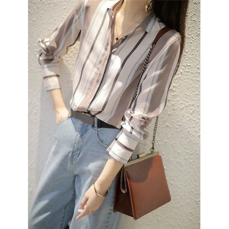 Striped Print Button Up Shirt Blouse - Palm and Thread