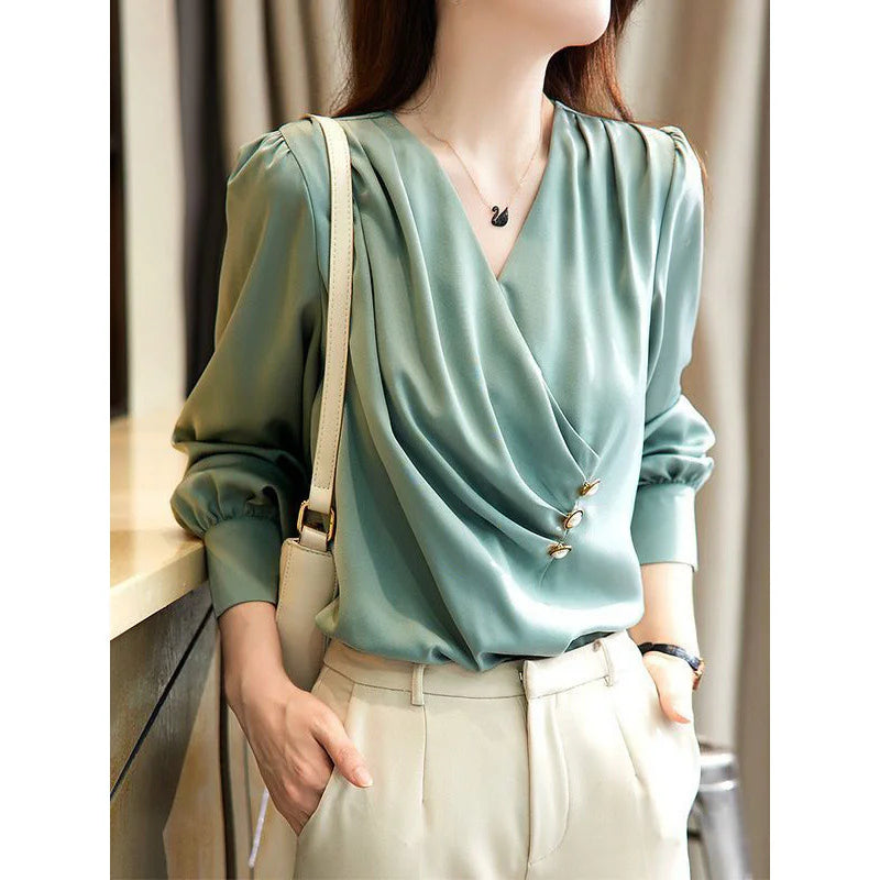 Satin Elegant Buttons Ruffled Blouse - Palm and Thread