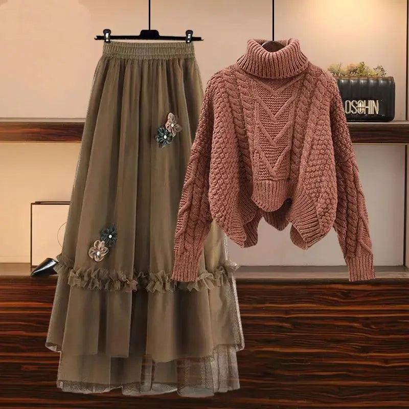 Knitted Sweater Mesh Half Skirt Matching Set - Palm and Thread