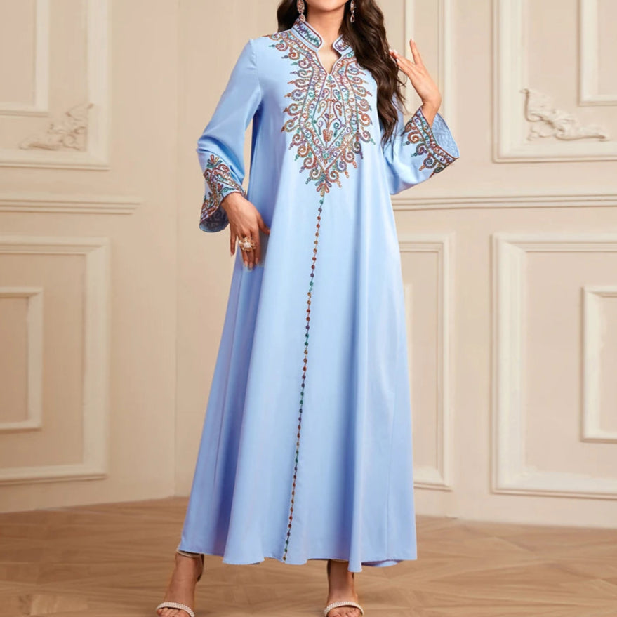 Embroidery V-Neck Long Dress Abaya - Palm and Thread