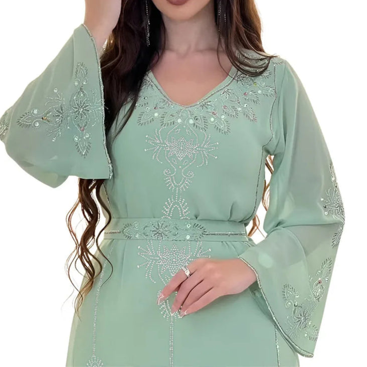 Elegant Long Sleeve V-neck Abaya - Palm and Thread