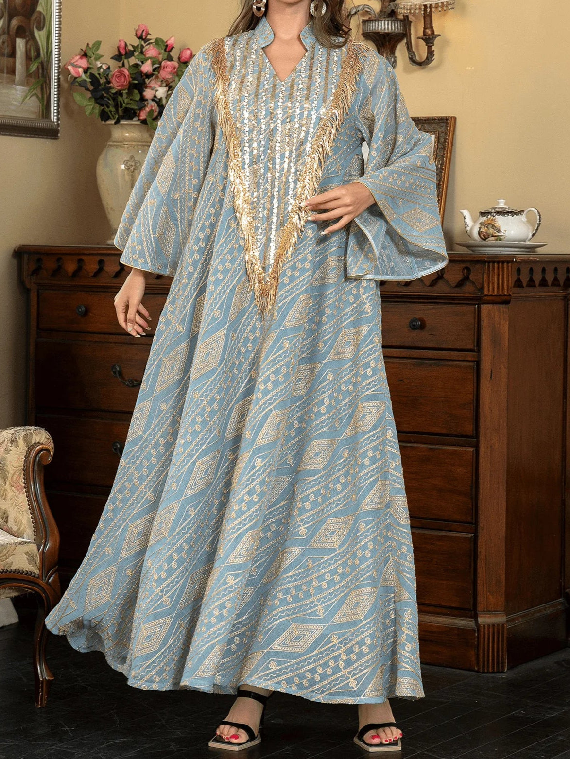 Embroidered Sequined Robe Abaya - Palm and Thread