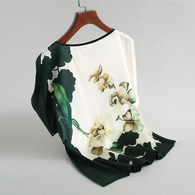 Silk Satin Floral Print O Neck Short Sleeve Casual Office Top - Palm and Thread