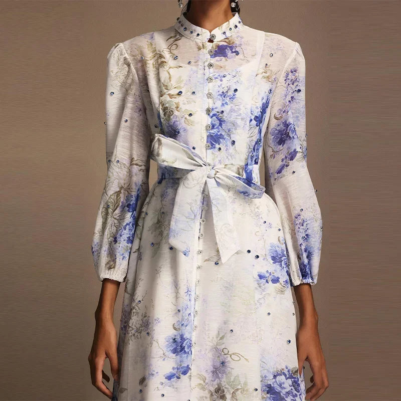 Elegant Floral Printed Long Dress with Belt - Palm and Thread