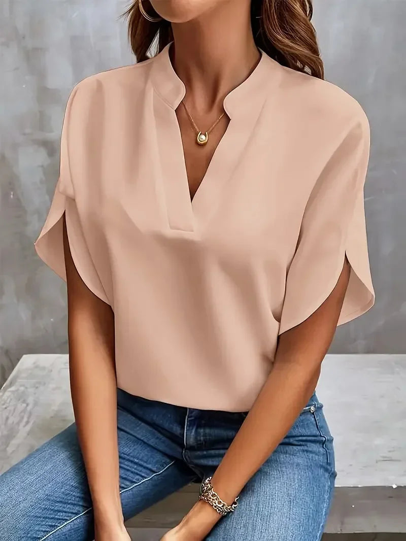 Elegant Blouse New V-neck Short Sleeve Solid Color Loose Shirt - Palm and Thread