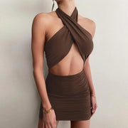 Sexy Brown Cross Halter Cut-Out Mini Dress