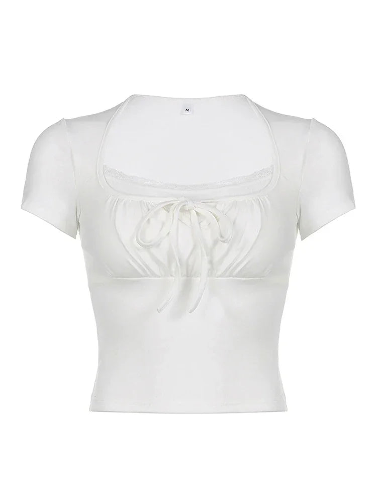 Knitted Lac Patched Slim Tie Up Top - Palm and Thread