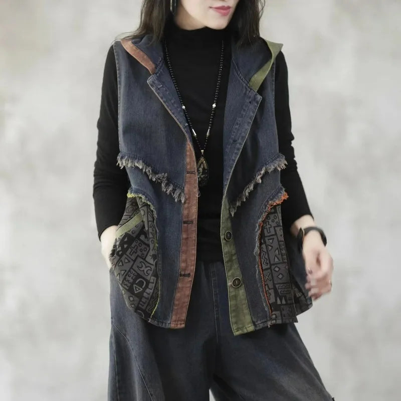 Print Patchwork Single Breasted Denim Vest Jacket - Palm and Thread