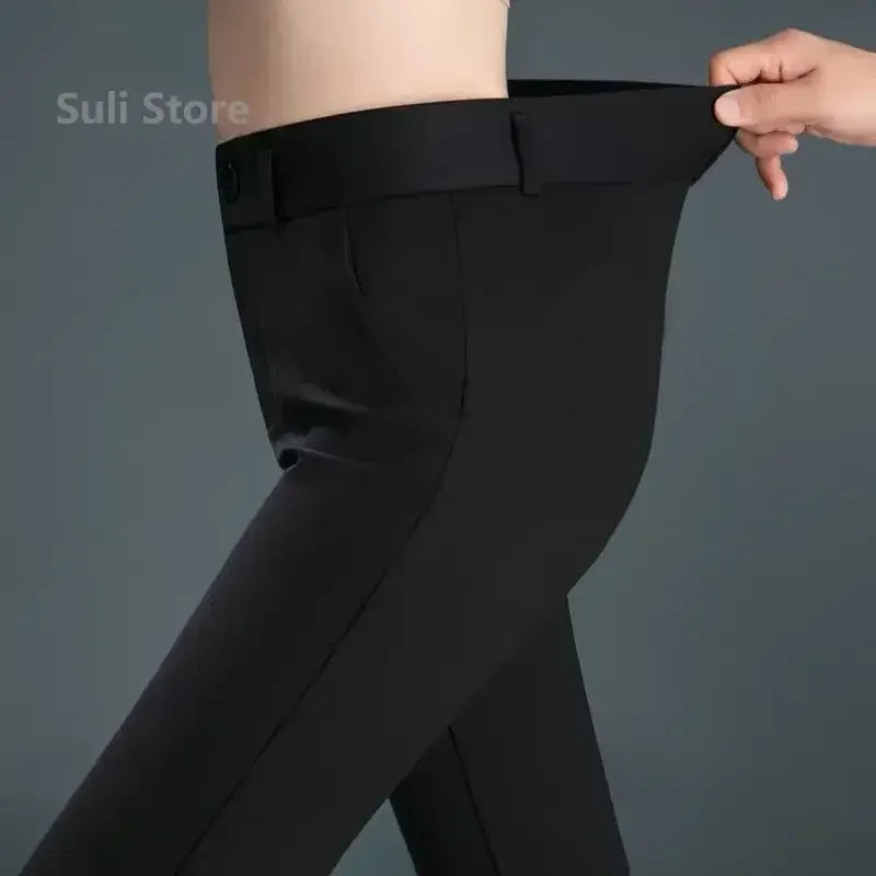 Casual Button Elastic Mid Waist Straight Trouser - Palm and Thread