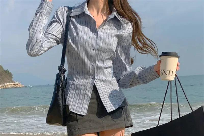 Polo Collar Striped Long Sleeve Blouse - Palm and Thread